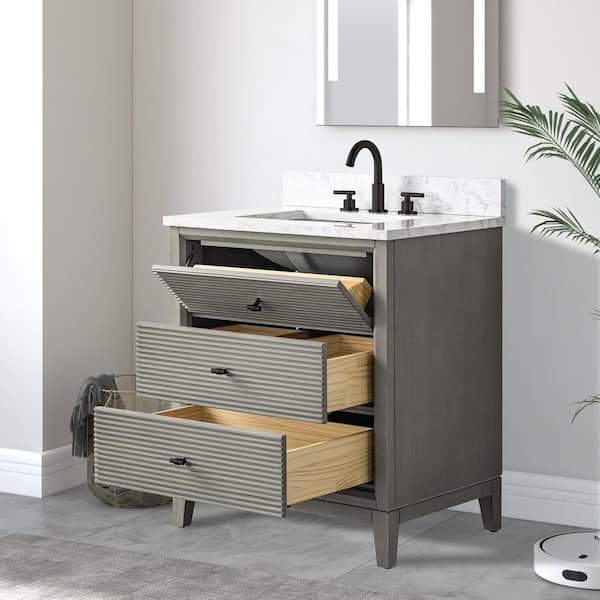 30 in. W x 22 in. D Single Sink Freestanding Driftwood Gray Bath Vanity Cabinet with White Engineered Marble Top