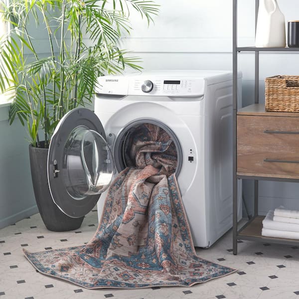 Arizona 3 ft. x 8 ft. Beige/Light Blue Machine Washable Transitional Medallion Distressed Runner Rug