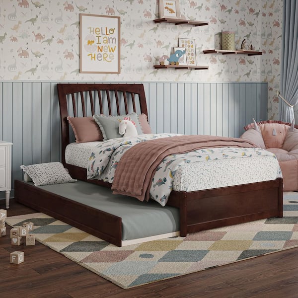 AFI Roslyn Walnut Brown Solid Wood Frame Twin Platform Bed with Panel Footboard and Twin Trundle