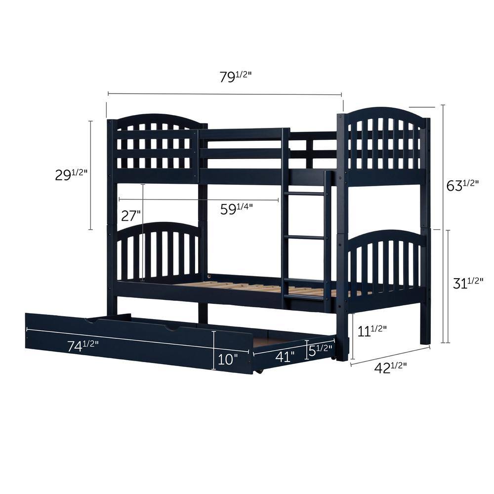 Blue Twin Pine Wood Bunk Bed with Trundle and Drawers
