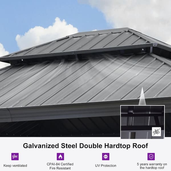 13 ft. x 15 ft. Gray Aluminum Frame Patio Outdoor Hardtop Gazebo for Backyard, Hooks Netting Upgraded Curtain 24-Lights