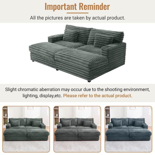 83.5 in. Square Arms Faux Rabbit Fur Fabric Chaise Lounge Sofa in Dark Gray with 2-Pillows, USB Ports and Cup Hol
