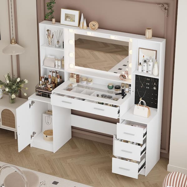 FUFU&GAGA White Makeup Vanity Desk with Bulb Light Mirror, Jewelry Organizer and Glass Tabletop, Dressing Table with 4 Drawers