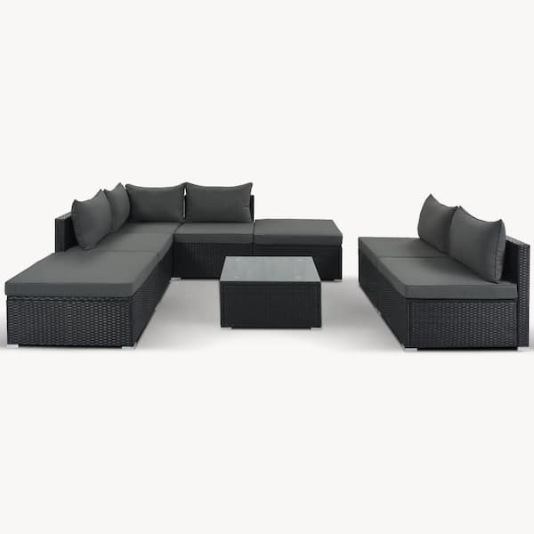 Zeus & Ruta Black 8-Piece Wicker Patio Conversation Set with Gray Cushions and Coffee Table for Garden, Backyard and Pond