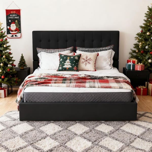 Ahokua Black Frame Full Size Upholstered Platform Bed with Lift-up Storage Supported by Metal and Wooden Slats