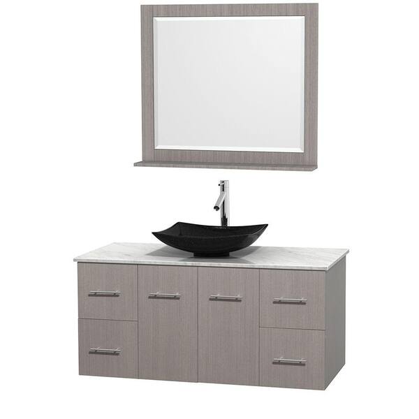 Wyndham Collection Centra 48 in. Vanity in Gray Oak with Marble Vanity Top in Carrara White, Black Granite Sink and 36 in. Mirror