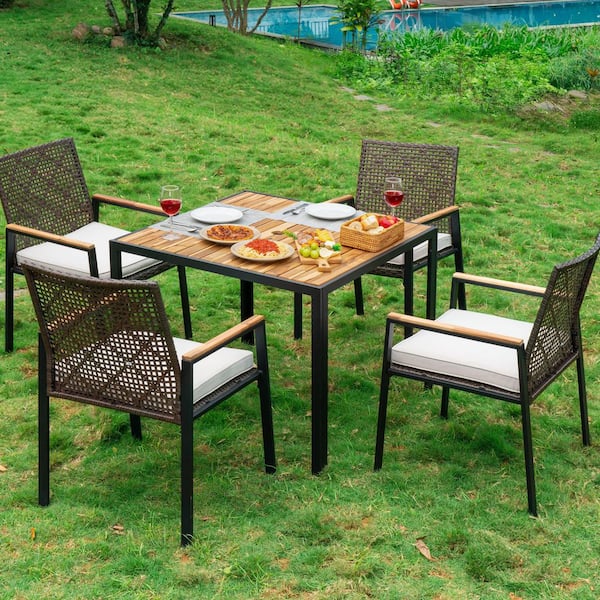 5-Piece Acacia Wood Outdoor Dining Set Patio Conversation Set with White Cushions, Umbrella Hole, 4 Rattan Chairs
