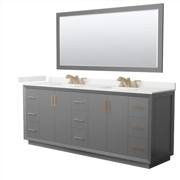 Wyndham Collection Strada 84 in. W x 22 in. D x 35 in. H Double Bath Vanity in Dark Gray with White Quartz Top and 70 in. Mirror