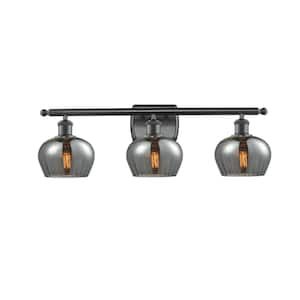 Fenton 26 in. 3-Light Matte Black, Plated Smoke Vanity Light with Black Glass Shade