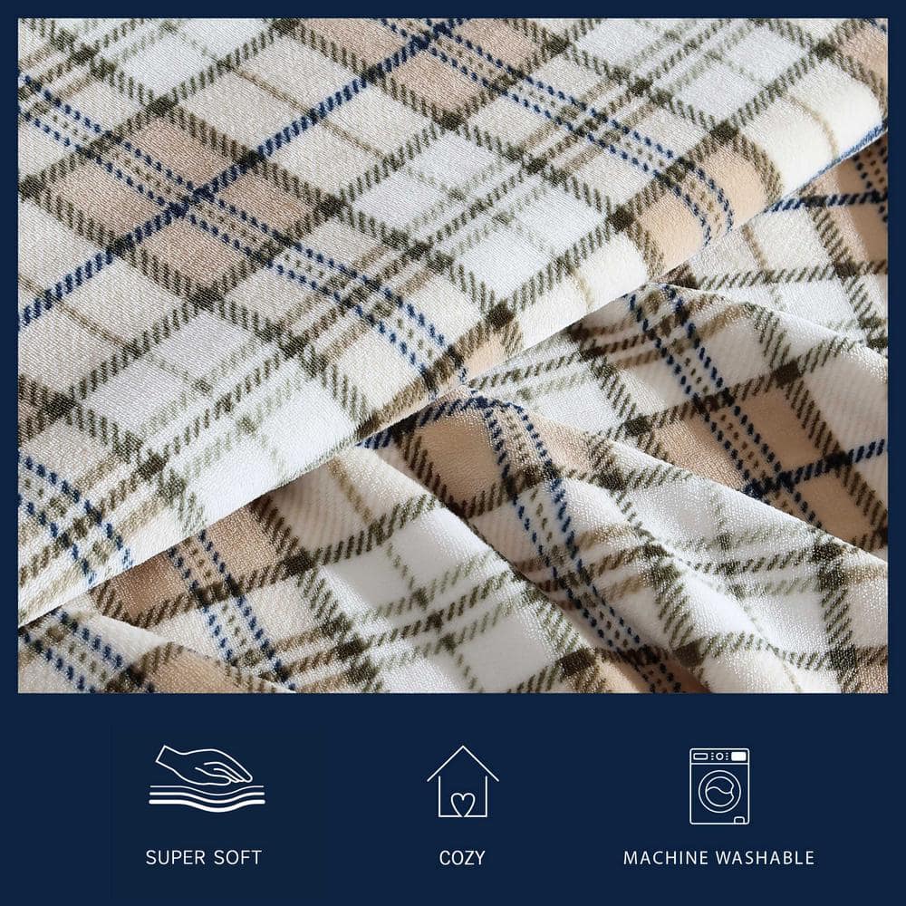 Beige and Green Plaid Fleece Reversible Throw Blanket