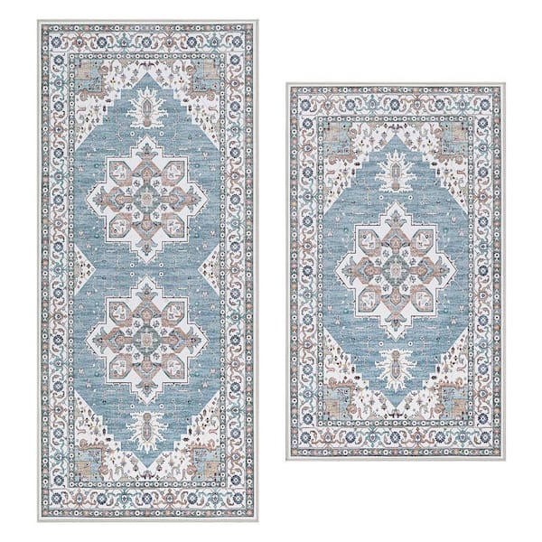 Florence Chenille Blue 2 ft. x 5 ft. Woven Oriental Polyester 2-Piece Rug Set