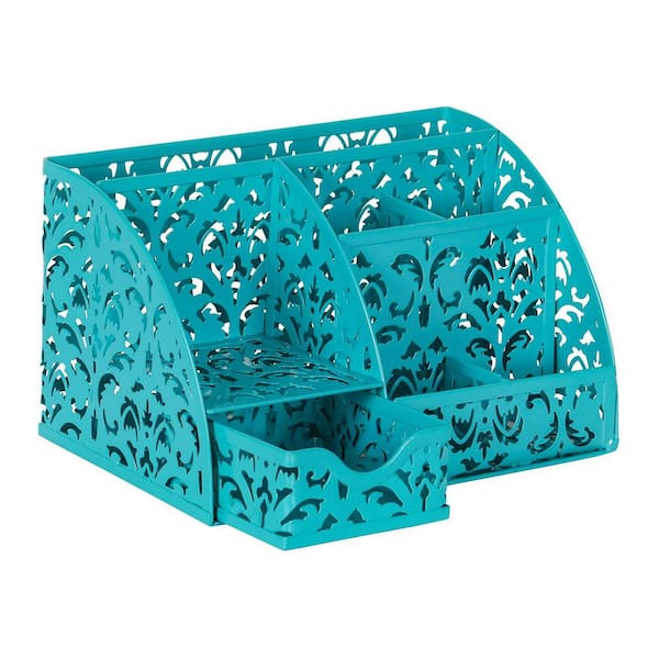 Metal Desk Organizer with Drawer 6 Compartments Hollow Flower Pattern Anti-Rust Finish Pen Pencil Cup Holder