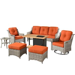 Verona Gray 7-Piece Wicker Outdoor Fire Pit Patio Conversation Sofa Set with Swivel Chairs and Orange Red Cushions