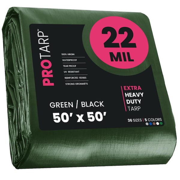 PROTARP 50 ft. x 50 ft. Green/Black 22 Mil Heavy Duty Polyethylene Tarp, Waterproof, UV Resistant, Rip and Tear Proof
