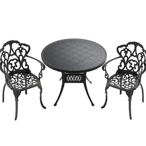 3-Piece Black Cast Aluminum Outdoor Dining Set, Patio Furniture with 39.37 in. Round Table and Random Color Cushions