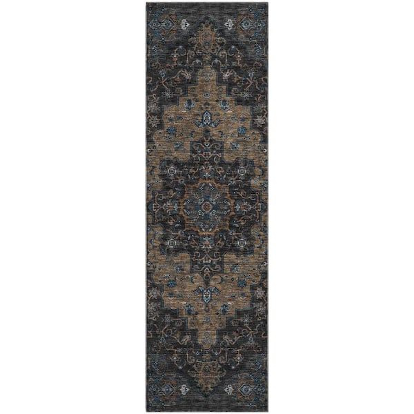 Mayfield Premium Machine Washable Abstract AMF2486 Black 2 ft. x 7 ft. Runner Rug