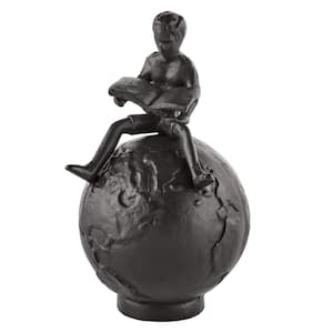 Brown Cast Iron Boy Reading on Globe Sculpture - Tabletop Desk Ornament or Decorative Paperweight