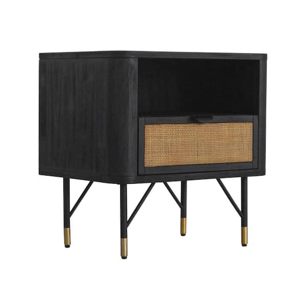 Benjara Theo 1-Drawer Black Acacia Wood Nightstand with Rattan and Shelf (22 in. H x 16 in. W x 22 in. L)