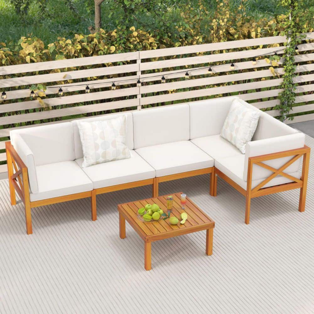 Acacia Wood Outdoor Sectional Set with Off-White Cushions