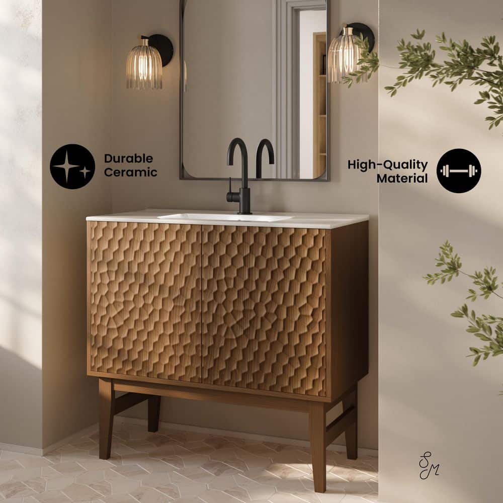 Bosse 36" Brown Oak Freestanding Vanity with White Ceramic Sink