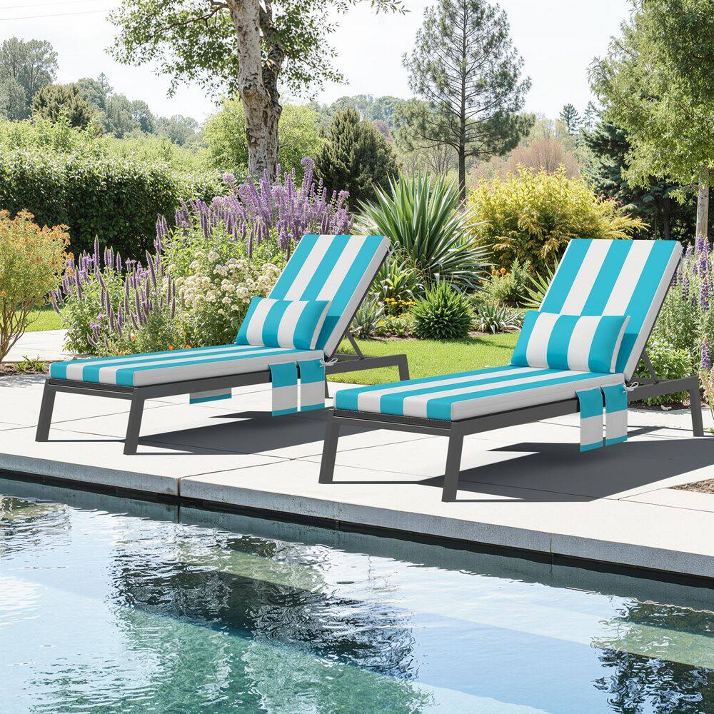 72 in. x 21 in. Water Resistant Outdoor Lounge Chair Cushions Set of 2 with Head Pillow and Side Pockets in Blue Stripe price history on PriceWatchPro