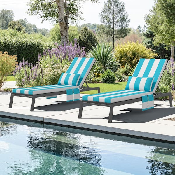 72 in. x 21 in. Water Resistant Outdoor Lounge Chair Cushions Set of 2 with Head Pillow and Side Pockets in Blue Stripe