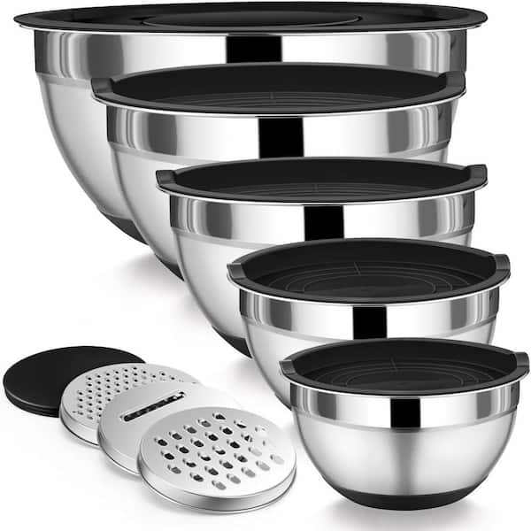 5-Piece Stainless Steel Mixing Bowl Set Black Finish with Airtight Lids Non-Slip Base and 3 Grater Attachments