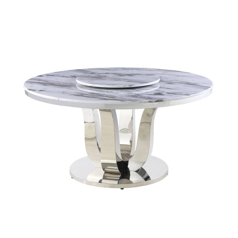 58" Round White Marble Dining Table with Lazy Susan and Stainless Steel Base