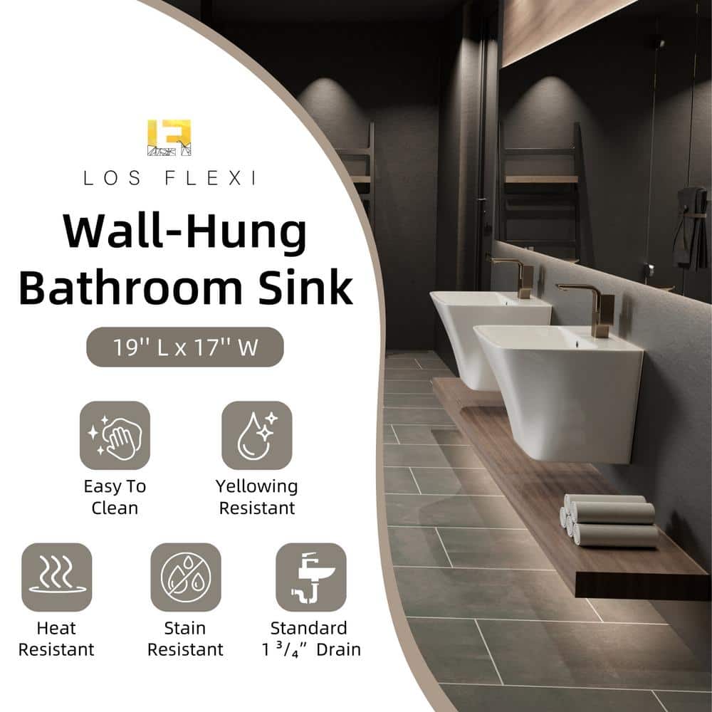 Glossy White Ceramic Wall-Mount Rectangular Vessel Sink with Stainless Steel Drain