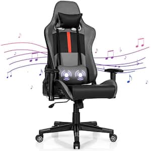 Faux Leather Adjustable Height Ergonomic Massage Gaming Chair in Gray with Arms and 2-Bluetooth Speakers