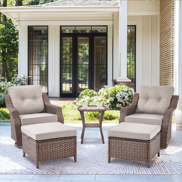 Modern Farmhouse 5-Piece Brown PE Wicker Patio Conversation Set with 6 in. Olefin Beige Cushions/Ottomans