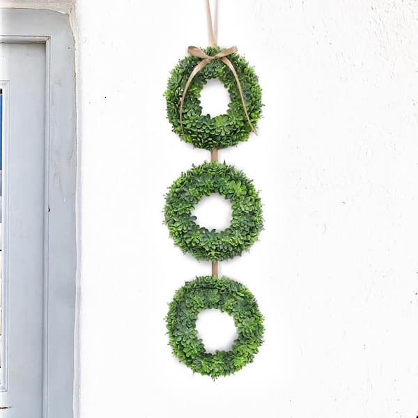 7.5 in. Frosted Green Artificial Lotus Small Succulent Greenery Wreath Candle Ring (Set of 3)