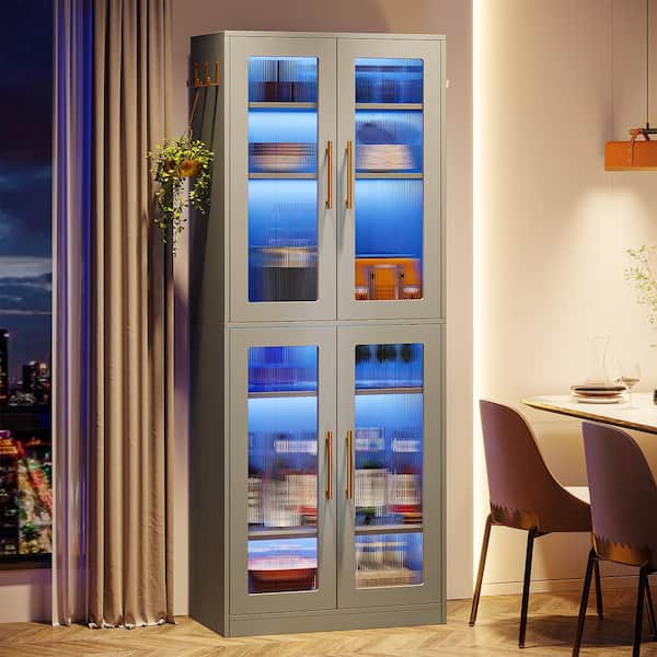 BYBLIGHT Gray 24.8 in. W Display Cabinet with Doors and LED Lights, Tall Storage Cabinet for Living Room