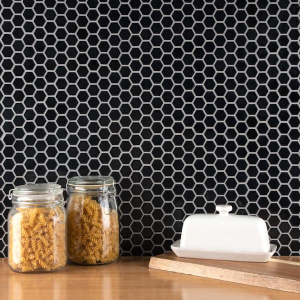 Metro 1 in. Hex Glossy Black 6 in. x 6 in. Porcelain Mosaic Take Home Tile Sample