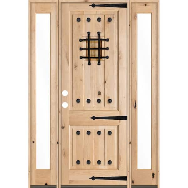 Krosswood Doors 70 in. x 96 in. Mediterranean Alder Sq-Top Clear Low-E Unfinished Wood Right-Hand Prehung Front Door/Full Sidelites