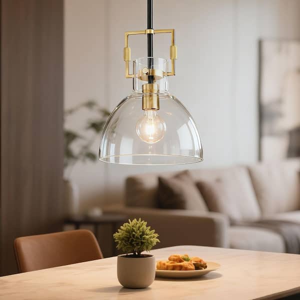 Edvivi Essence 10 in. 1-Light Contemporary Black and Antique Gold Pendant with Bowl Shaped Clear Glass Shade