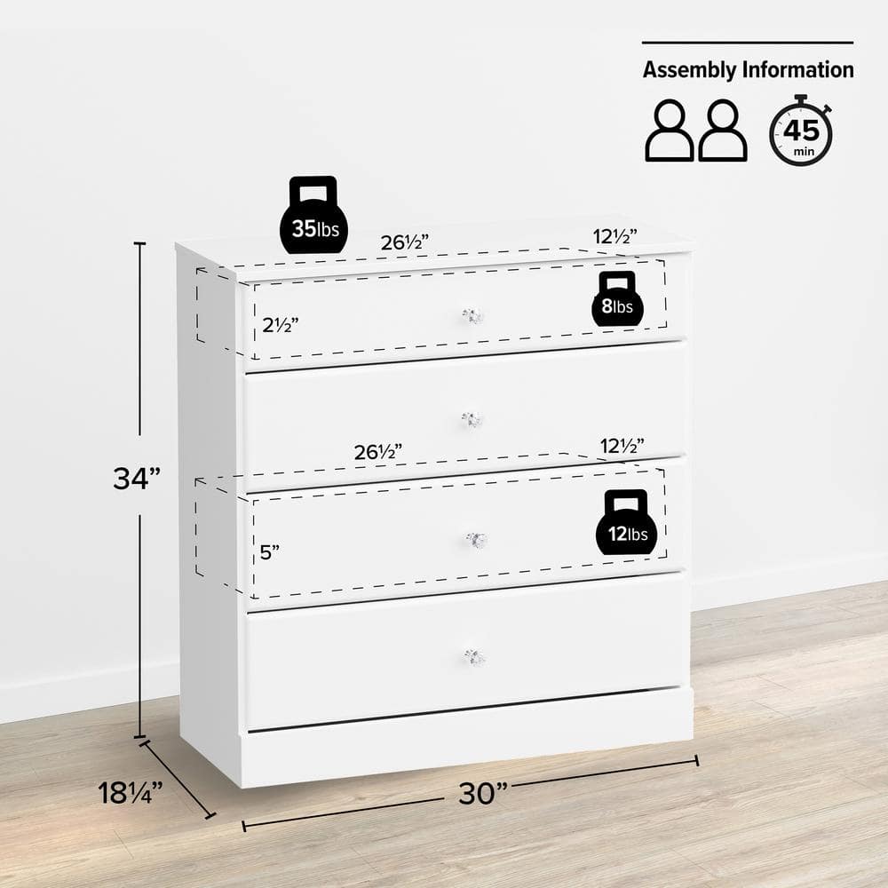Astrid Crystal White 4-Drawer Vertical Dresser with Acrylic Knobs
