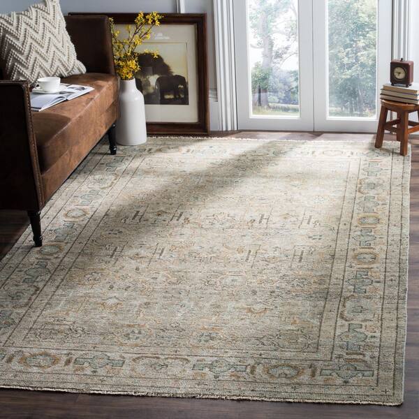 Izmir 5 ft. x 7 ft. Linen/Dusty Teal Border Distressed Area Rug