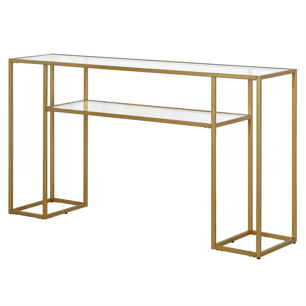 Art Deco Inspired 55" Brass & Glass Console Table with Shelf