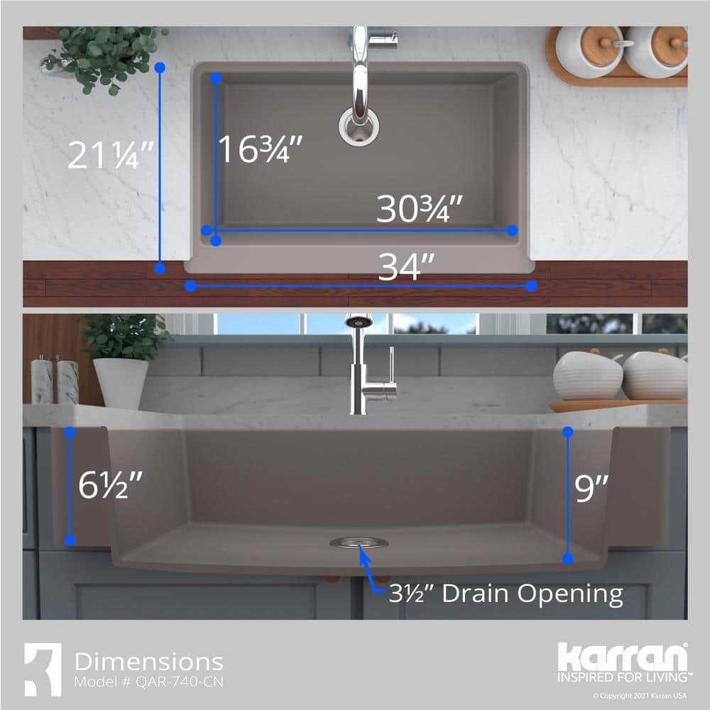 34'' Matte Concrete Quartz Farmhouse Single Bowl Kitchen Sink