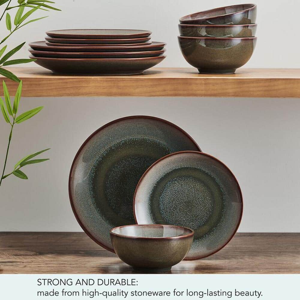 Mackensie Blue and Brown Ceramic 12-Piece Dinnerware Set