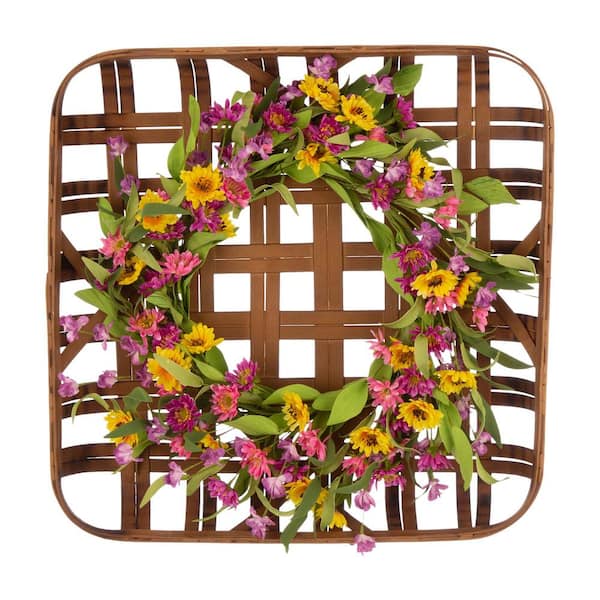 Glitzhome 24 in. Dia Artificial Chrysanthemum Wreath with 24 in. L Bamboo Tobacco Basket