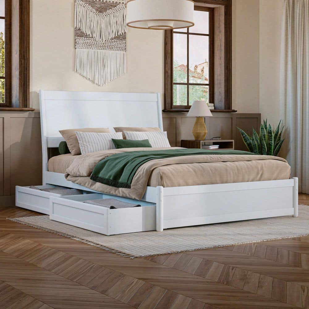Casanova White Full Wood Platform Bed with Storage Drawers