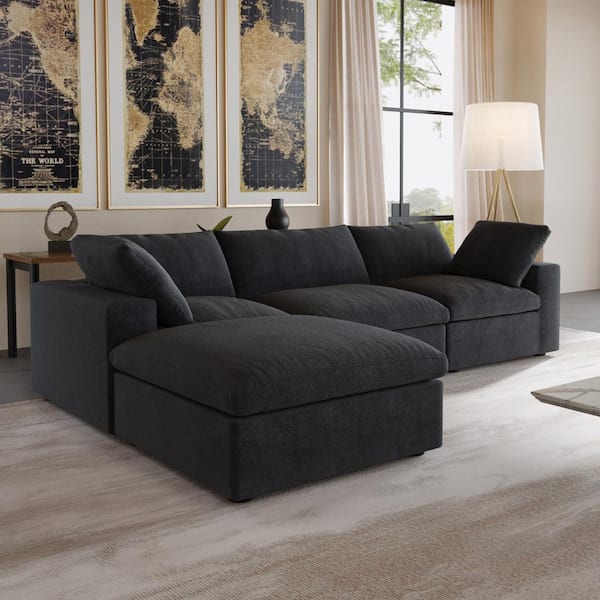 J&E Home 120.45 in. W Square Arm Linen Velvet L-Shaped 4-Seater Free Combination Modular Sofa in Black