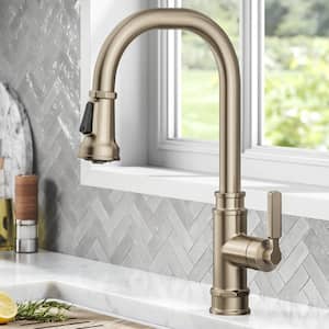 Allyn Transitional Industrial Pull-Down Single Handle Kitchen Faucet in Spot-Free Antique Champagne Bronze