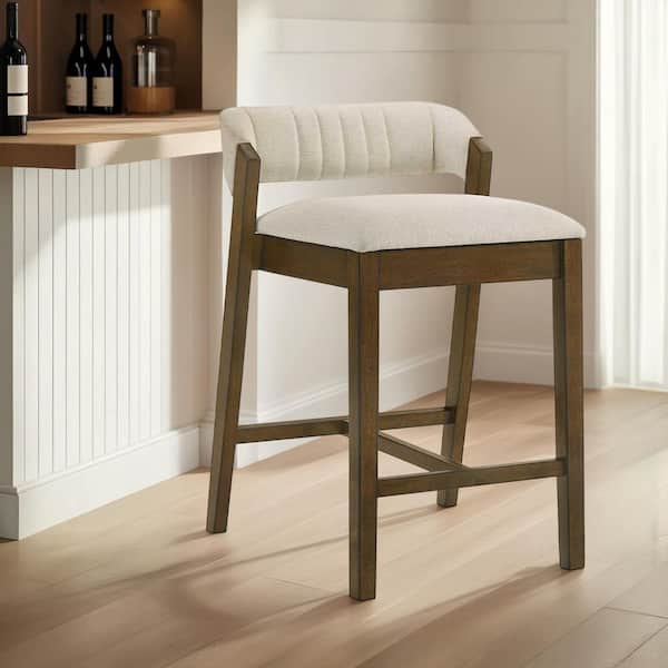 Landyn 30 in. Ecru/Sepia Brown Rubberwood Bar Stool with Fabric Seat