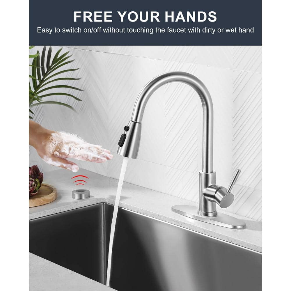 Brushed Nickel Touchless Pull-Down Kitchen Faucet with Spray