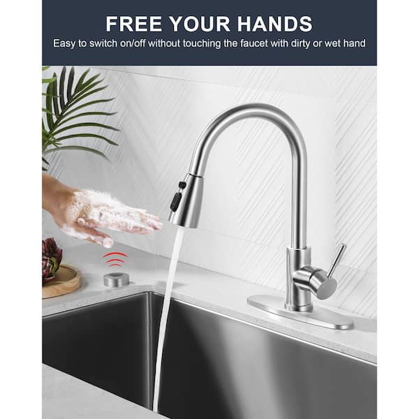 Touchless Single-Handle Pull Down Sprayer Kitchen Faucet, Mobile Motion Sensor Kitchen Sink Faucet in Brushed Nickel