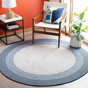Braided Ivory/Blue 4 ft. x 4 ft. Round Solid Area Rug