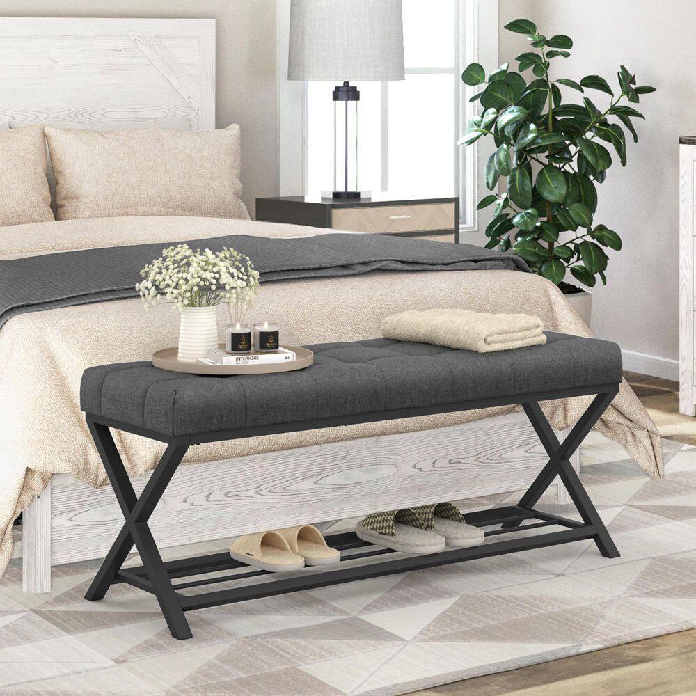 44.5 in. Riqiya Gray Color Fabric Wood Frame Button Tufting Cushion Armless Bed Bench With Footrest